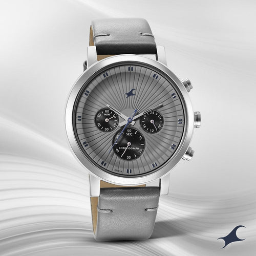 Fastrack Kronos Multifunction Grey Dial Leather Strap Watch for Guys 3287SL05
