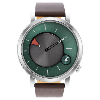 Fastrack MetaWe Quartz Analog Green Dial Leather Strap Watch For Guys 3287SL06
