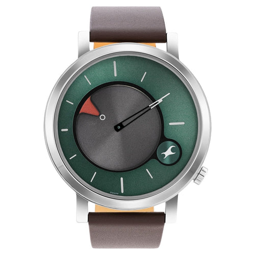 Fastrack MetaWe Quartz Analog Green Dial Leather Strap Watch For Guys 3287SL06