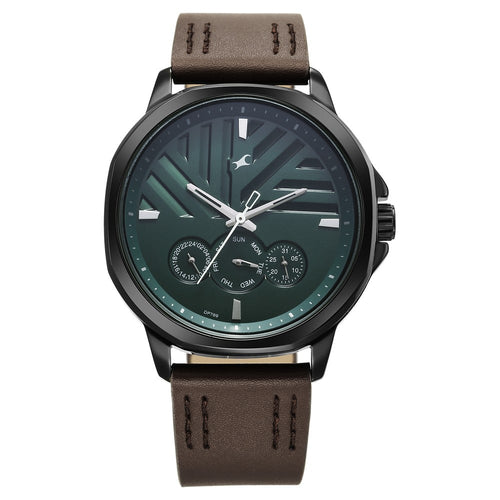 Fastrack Fleek Quartz Multifunction Green Dial Leather Strap Watch for Guys NT3303NL01
