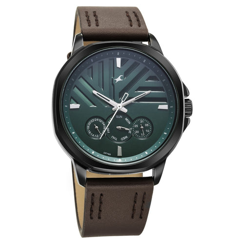 Fastrack Fleek Quartz Multifunction Green Dial Leather Strap Watch for Guys NT3303NL01