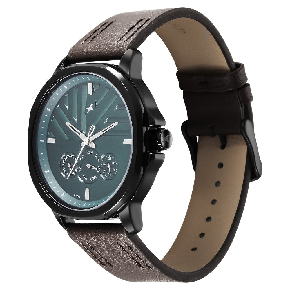 Fastrack Fleek Quartz Multifunction Green Dial Leather Strap Watch for Guys NT3303NL01