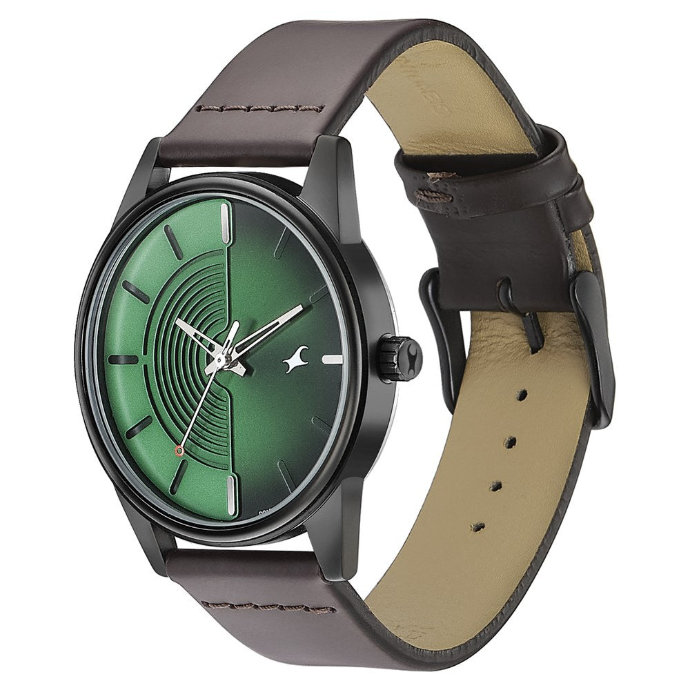 Fastrack Stunners Quartz Analog Green Dial Leather Strap Watch for Guys NT3305NL01