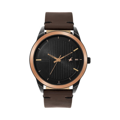 Fastrack Stunners Quartz Analog Black dial Leather Strap Watch for Guys NT3308KL01