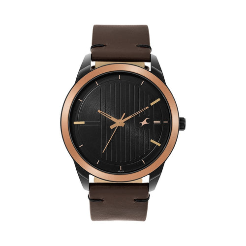 Fastrack Stunners Quartz Analog Black dial Leather Strap Watch for Guys NT3308KL01