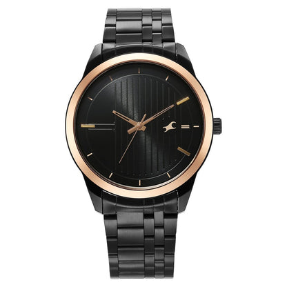 Fastrack Stunners Quartz Analog Black Dial Black Stainless Steel Strap Watch For Guys 3308KM01