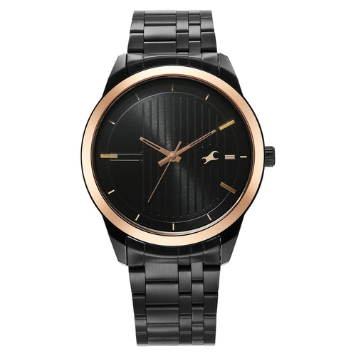 Fastrack Stunners Quartz Analog Black Dial Black Stainless Steel Strap Watch For Guys NT3308KM01