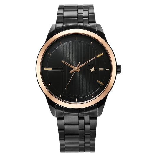 Fastrack Stunners Quartz Analog Black Dial Black Stainless Steel Strap Watch For Guys NT3308KM01