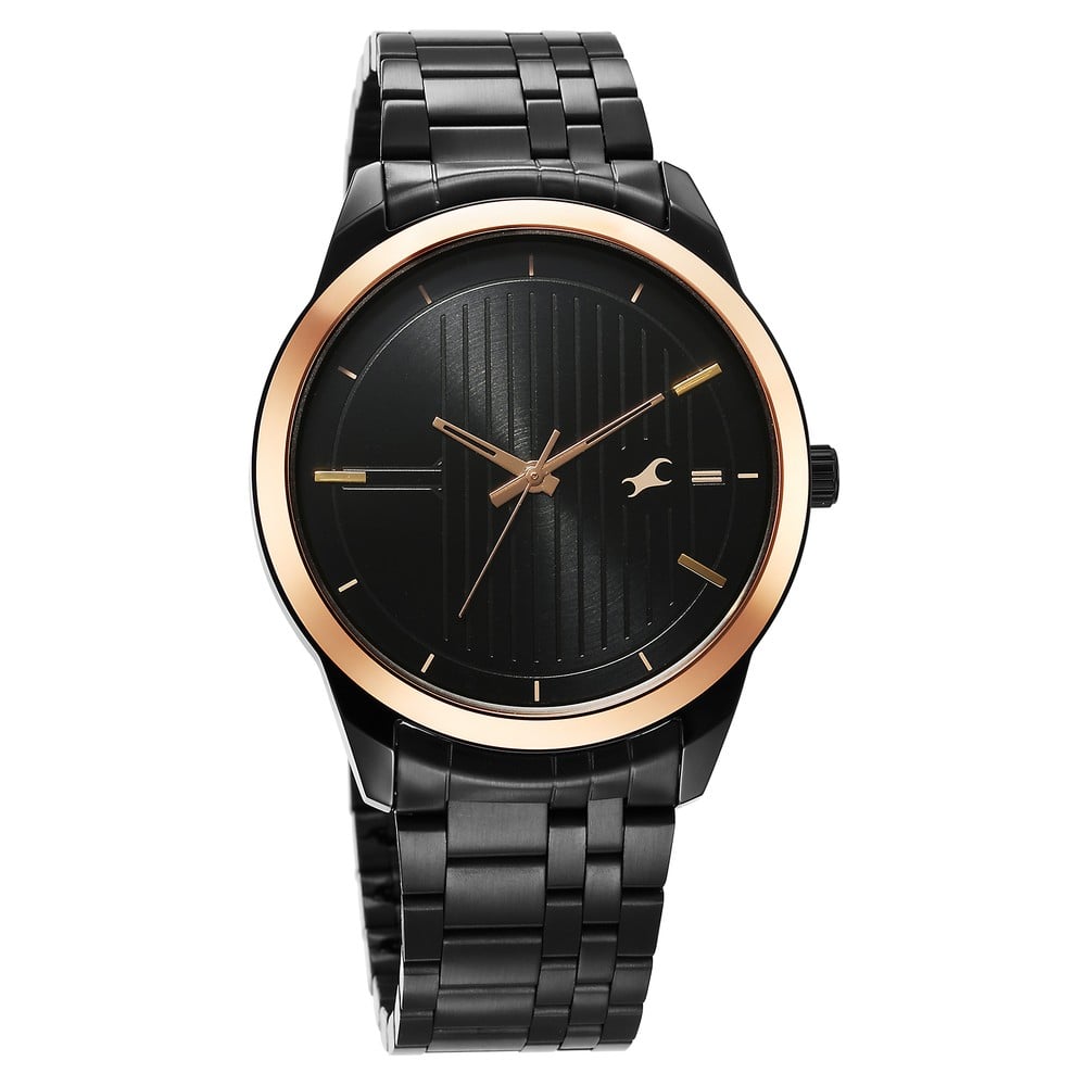 Fastrack Stunners Quartz Analog Black Dial Black Stainless Steel Strap Watch For Guys 3308KM01