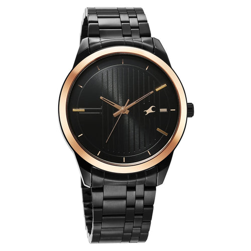Fastrack Stunners Quartz Analog Black Dial Black Stainless Steel Strap Watch For Guys NT3308KM01