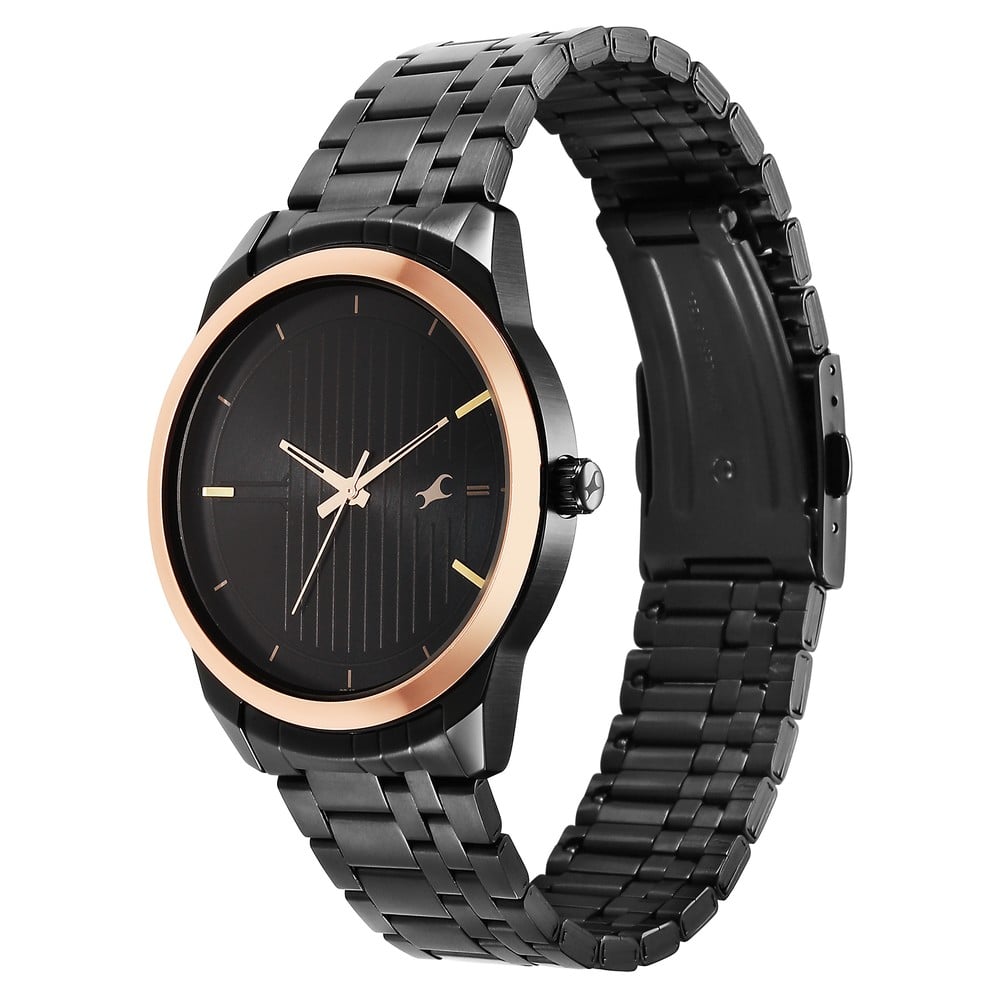 Fastrack Stunners Quartz Analog Black Dial Black Stainless Steel Strap Watch For Guys 3308KM01