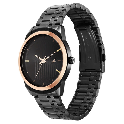 Fastrack Stunners Quartz Analog Black Dial Black Stainless Steel Strap Watch For Guys NT3308KM01