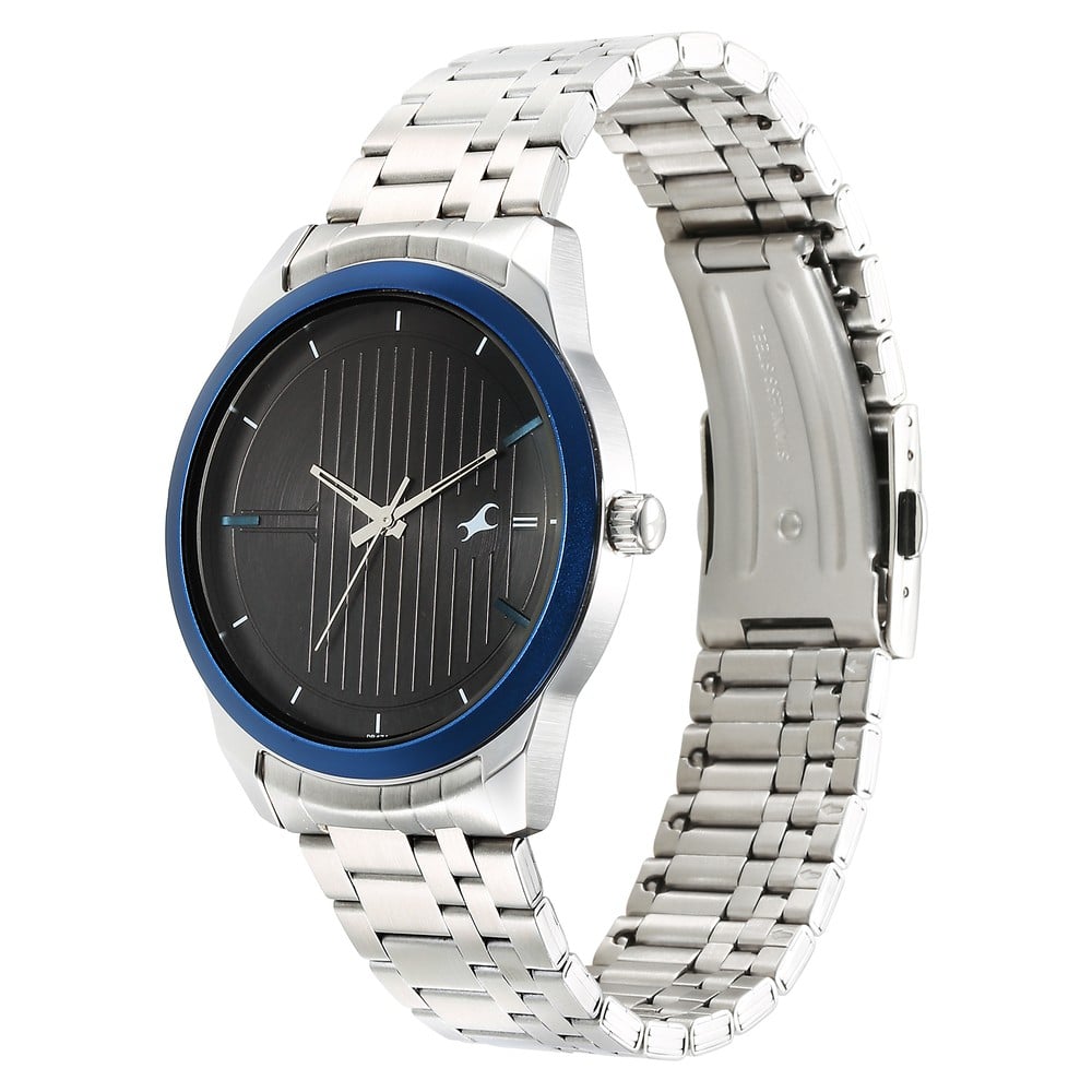 Fastrack Stunners Quartz Analog Black Dial Silver Stainless Steel Strap Watch For Guys NU3308KM02