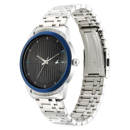 Fastrack Stunners Quartz Analog Black Dial Silver Stainless Steel Strap Watch For Guys NU3308KM02