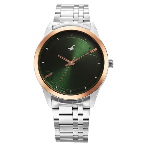 Fastrack Stunners Quartz Analog Green Dial Metal Strap Watch for Guys NT3308KM03