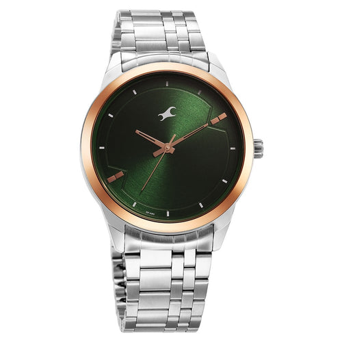 Fastrack Stunners Quartz Analog Green Dial Metal Strap Watch for Guys NT3308KM03