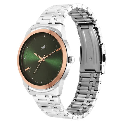 Fastrack Stunners Quartz Analog Green Dial Metal Strap Watch for Guys NT3308KM03