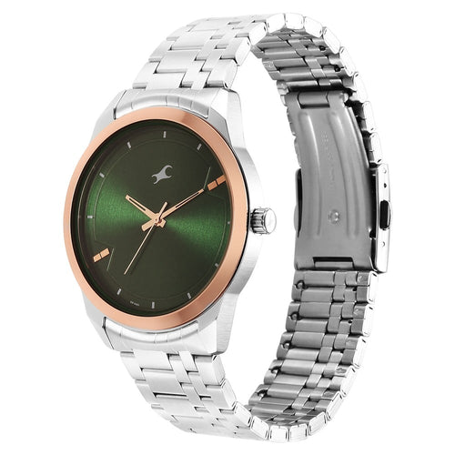 Fastrack Stunners Quartz Analog Green Dial Metal Strap Watch for Guys NT3308KM03