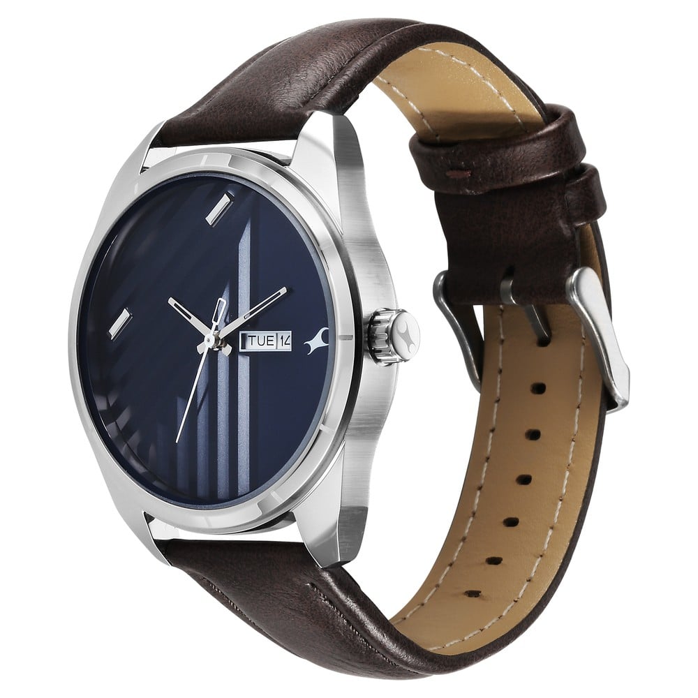 Fastrack Fleek Quartz Analog with Day and Date Blue Dial Leather Strap Watch For Guys 3313SL01