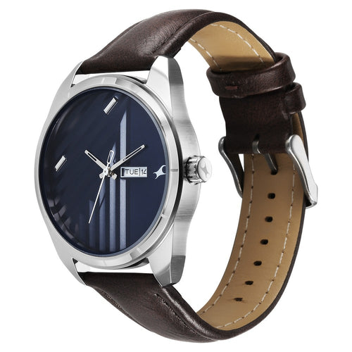 Fastrack Fleek Quartz Analog with Day and Date Blue Dial Leather Strap Watch For Guys NU3313SL01