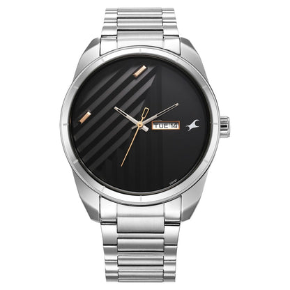Fastrack Fleek Quartz Analog with Day and Date Black Dial Stainless Steel Strap Watch For Guys NT3313SM01