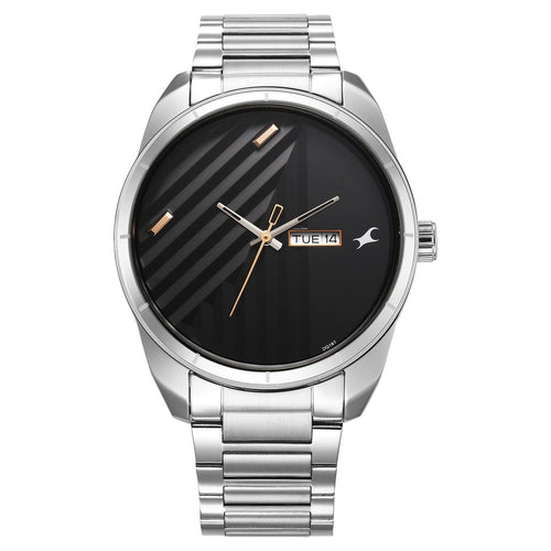 Fastrack Fleek Quartz Analog with Day and Date Black Dial Stainless Steel Strap Watch For Guys NT3313SM01