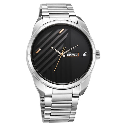 Fastrack Fleek Quartz Analog with Day and Date Black Dial Stainless Steel Strap Watch For Guys NT3313SM01