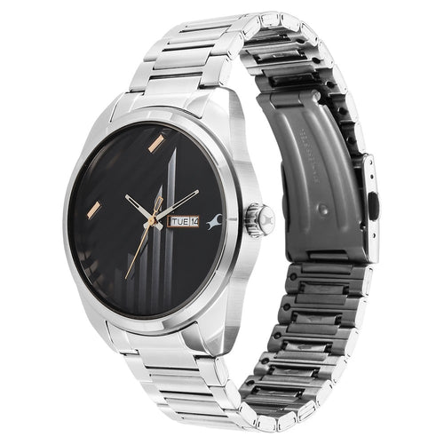 Fastrack Fleek Quartz Analog with Day and Date Black Dial Stainless Steel Strap Watch For Guys NT3313SM01