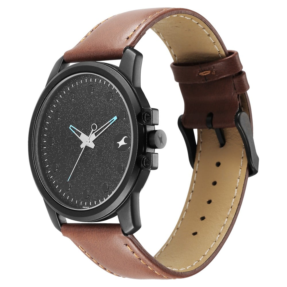 Fastrack Pulse Quartz Analog Black Dial With Tan Leather Strap Watch for Guys NT3314NL01F