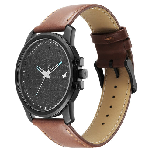Fastrack Pulse Quartz Analog Black Dial With Tan Leather Strap Watch for Guys NT3314NL01F