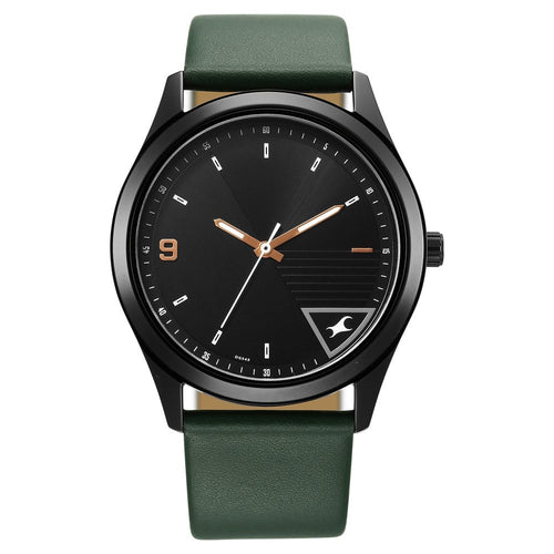 Fastrack Stunners Quartz Analog Black Dial Green Leather Strap Watch For Guys NU3317NL01