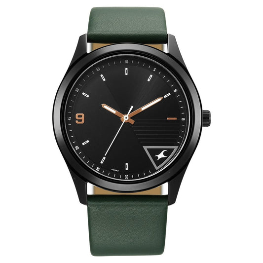 Fastrack Stunners Quartz Analog Black Dial Green Leather Strap Watch For Guys NU3317NL01