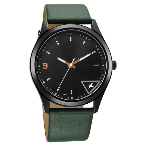 Fastrack Stunners Quartz Analog Black Dial Green Leather Strap Watch For Guys NU3317NL01