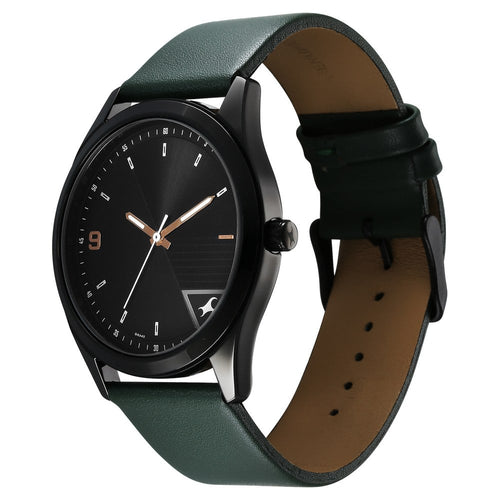 Fastrack Stunners Quartz Analog Black Dial Green Leather Strap Watch For Guys NU3317NL01
