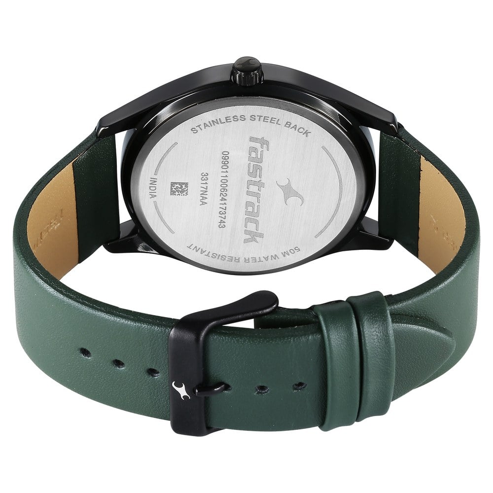 Fastrack Stunners Quartz Analog Black Dial Green Leather Strap Watch For Guys NU3317NL01