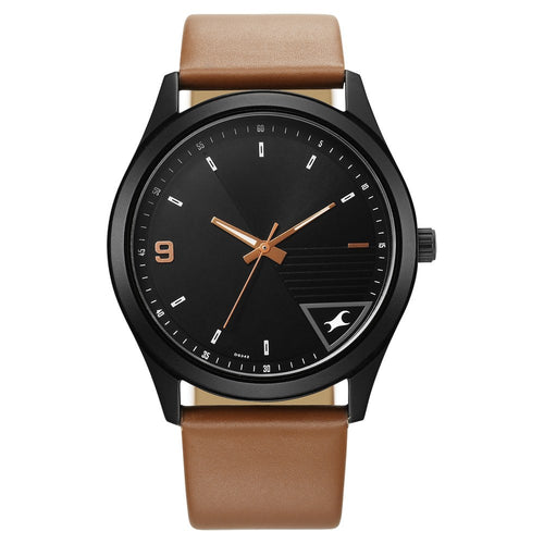 Fastrack Stunners Quartz Analog Black Dial Brown Leather Strap Watch For Guys NU3317NL02