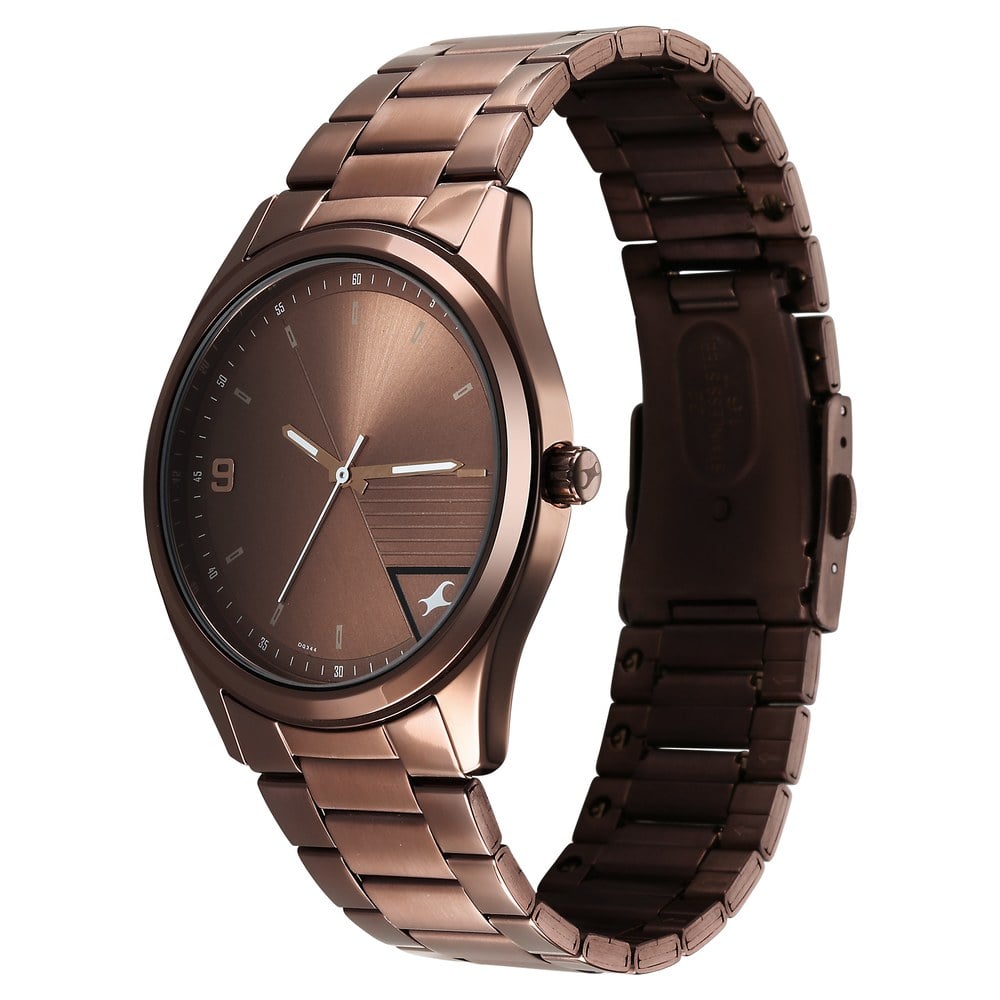 Fastrack Stunners Quartz Analog Brown Dial Brown Metal Strap Watch For Guys 3317QM02