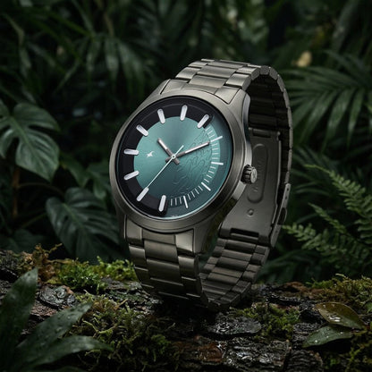 Fastrack Wild Quartz Analog Green Dial Gun Metal Strap Watch For Guys 3317QM03