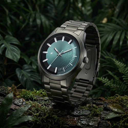Fastrack Wild Quartz Analog Green Dial Gun Metal Strap Watch For Guys 3317QM03