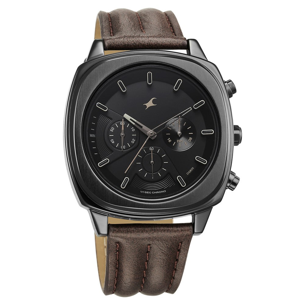 Fastrack Kronos Chronograph Black Dial Brown Leather Strap Watch For Guys NU3319NL01