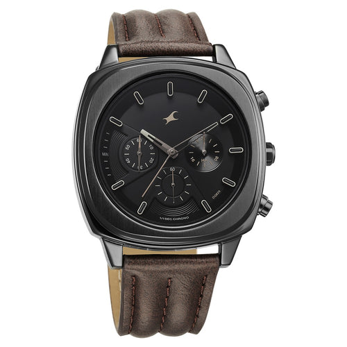 Fastrack Kronos Chronograph Black Dial Brown Leather Strap Watch For Guys NU3319NL01
