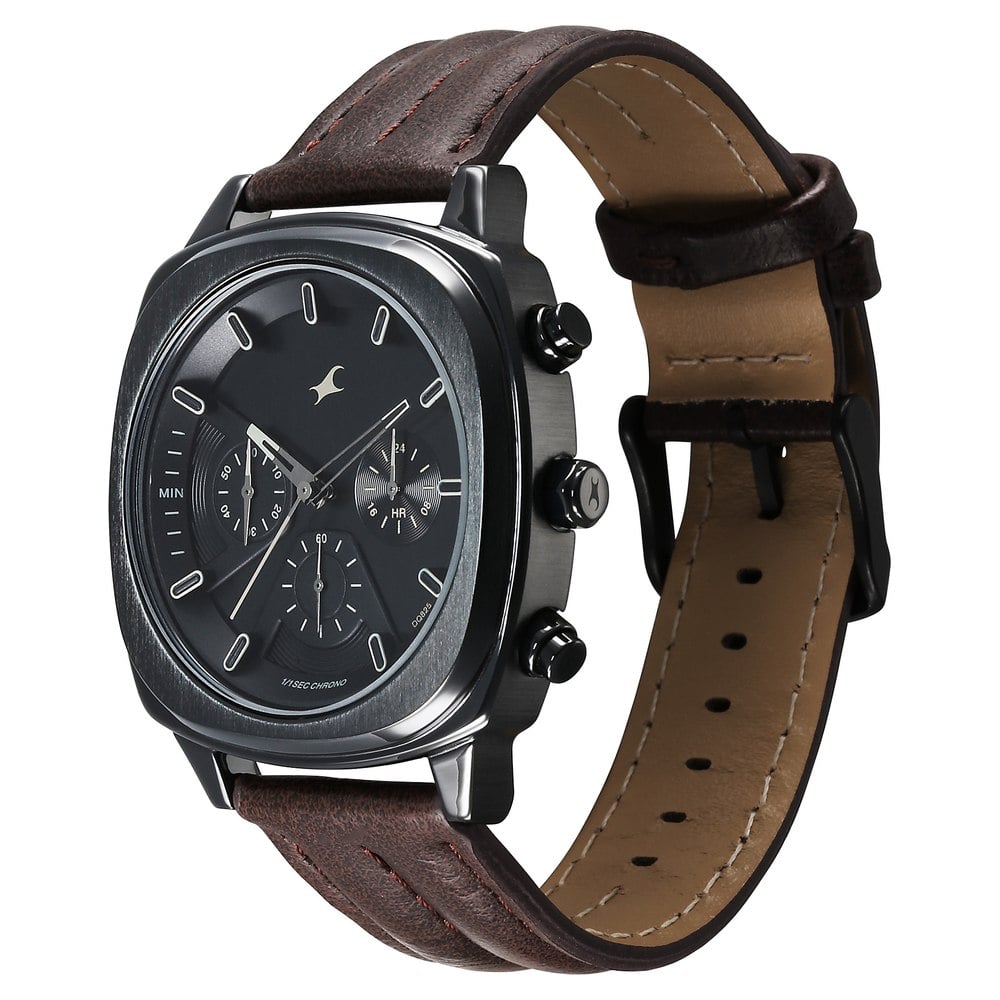Fastrack Kronos Chronograph Black Dial Brown Leather Strap Watch For Guys NU3319NL01