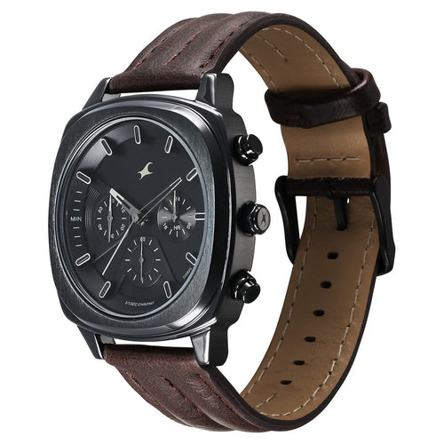 Fastrack Kronos Chronograph Black Dial Brown Leather Strap Watch For Guys NU3319NL01