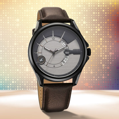 Fastrack Groove Quartz Analog with Date Two Toned Dial Brown Leather Strap Watch For Guys 3323QL01