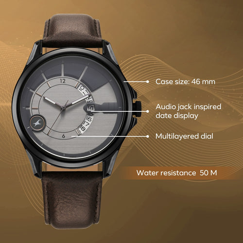 Fastrack Groove Quartz Analog with Date Two Toned Dial Brown Leather Strap Watch For Guys 3323QL01