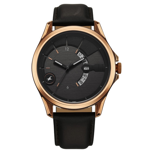 Fastrack Groove Quartz Analog with Date Grey Dial Black Leather Strap Watch For Guys 3323QL02