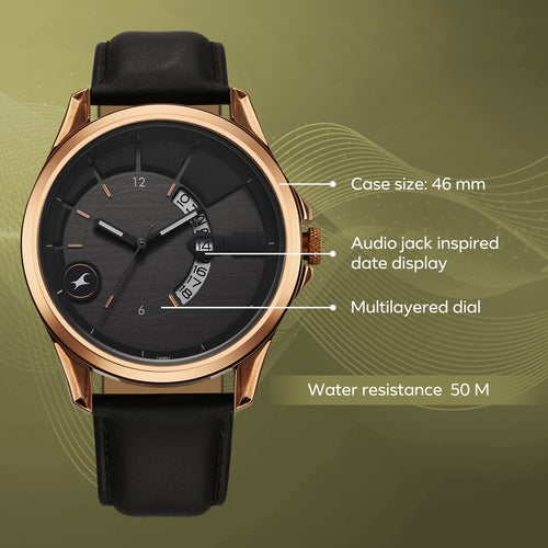 Fastrack Groove Quartz Analog with Date Grey Dial Black Leather Strap Watch For Guys 3323QL02
