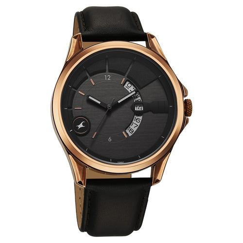 Fastrack Groove Quartz Analog with Date Grey Dial Black Leather Strap Watch For Guys 3323QL02