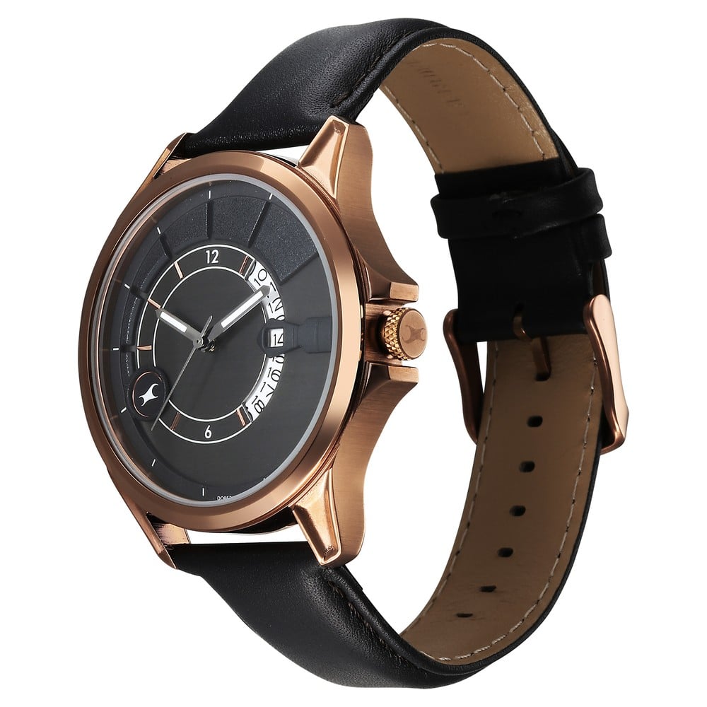 Fastrack Groove Quartz Analog with Date Grey Dial Black Leather Strap Watch For Guys 3323QL02