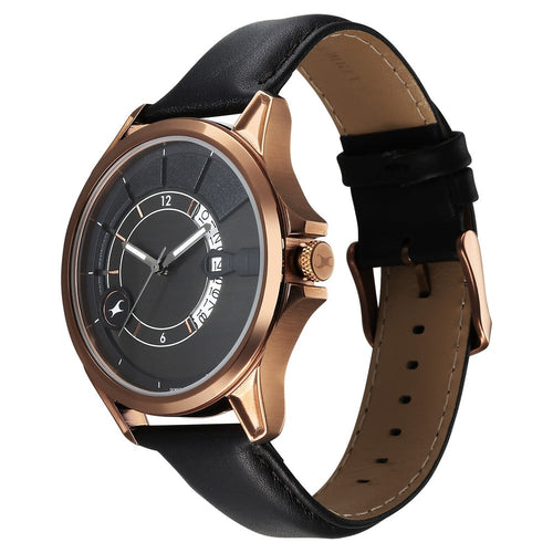 Fastrack Groove Quartz Analog with Date Grey Dial Black Leather Strap Watch For Guys 3323QL02